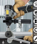Electric Drill Plate Cutter Shear Pro Attachment For Sheet Metal Cutting in use on metal pipe, showing tool free install.