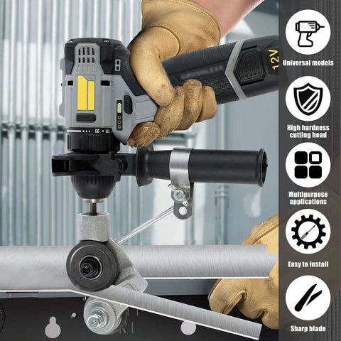 Electric Drill Plate Cutter Shear Pro Attachment For Sheet Metal Cutting in use on metal pipe, showing tool free install.