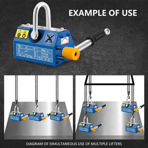 Heavy Duty Permanent Steel Magnetic Lifter With Knockout N42 Neodymium Grip and Quick Tilt Release Slider in use lifting steel plates.