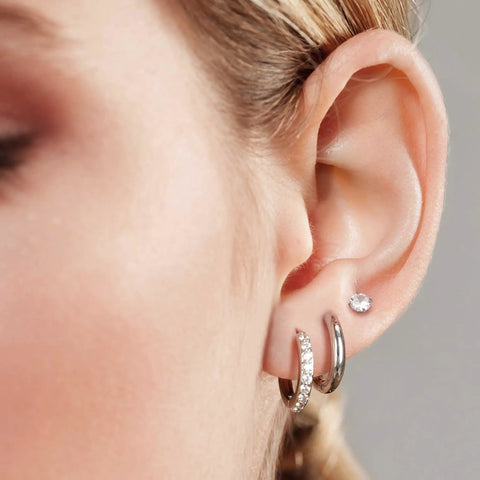 Stainless Steel Earring Set For Women, 10 Pairs, Includes Small Huggie Hoops, CZ Studs, And Glossy Spherical Studs, Versatile Stainless Steel Jewelry For Everyday Piercing Looks on ear