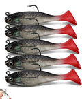 Five Piece Soft Plastic Fishing Lure Set, 8Cm T Tail Bait With 3D Eyes And Sharp Treble Hooks, red tails visible