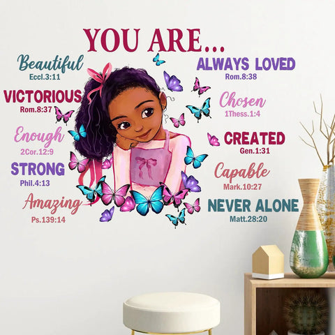Dope Black Girl Religious Butterfly Wall Decal Sticker With Positive Saying You Are Beautiful For Nursery Decor And Afro Kids Room Vibe Inspirational Home Art Gift For Bedroom And Playroom, showing a smiling girl surrounded by butterflies and positive affirmations.