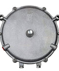 Front view of round metal low-pressure gas regulator housing with top arrow, rim bolts, and bottom inlet/outlet fittings