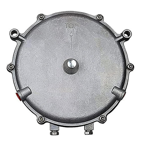 Front view of round metal low-pressure gas regulator housing with top arrow, rim bolts, and bottom inlet/outlet fittings