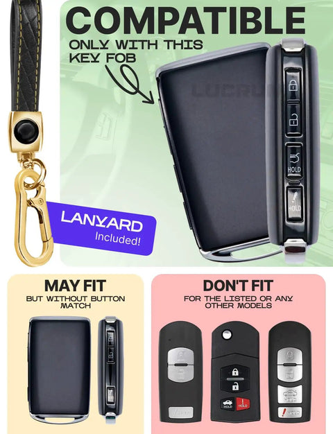 Mazda Key Fob Cover And Leather Keychain TPU Keyfob Case, compatible with select fob models, includes lanyard and button guide, front view