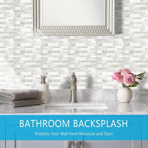 Bathroom with DIY Friendly Peel And Stick Kitchen Backsplash Tiles 12x12 Premium 3D Wall Tiles above sink area