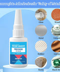 Pro Grade Medium CA Glue For Metal And Stone Quick Dry Adhesive With Microtip Applicators For Jewelry Making, Repairs, Ceramics, And Hobby Crafts Great For Tight Spots And Quick Sets, Dries Fast For Speedy Projects bottle with sample materials like glass, wood, and metal