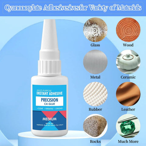Pro Grade Medium CA Glue For Metal And Stone Quick Dry Adhesive With Microtip Applicators For Jewelry Making, Repairs, Ceramics, And Hobby Crafts Great For Tight Spots And Quick Sets, Dries Fast For Speedy Projects bottle with sample materials like glass, wood, and metal