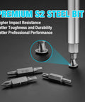 Close-up of S2 steel bits from 11 in 1 multi bit screwdriver and nut driver kit with PH1 PH2 slotted Torx T15 T20 square S1 S2.