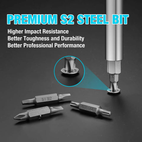 Close-up of S2 steel bits from 11 in 1 multi bit screwdriver and nut driver kit with PH1 PH2 slotted Torx T15 T20 square S1 S2.