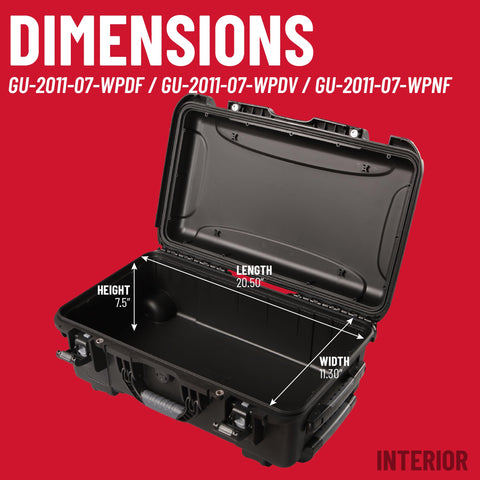 Open Titan Series Waterproof Utility Case With Diced Foam Insert, IP67 Dustproof Gear Box, dimensions marked, interior view
