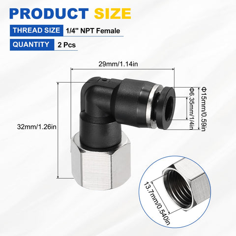 Two Pack One Quarter Inch NPT Push To Connect Pneumatic Fittings 90 Degree Female Elbow Adapter Nickel Plated Brass Black