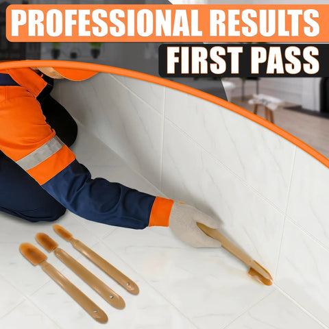 4 Piece Caulking Tool Set For Silicone Sealant And Grout With DIY Friendly Pro Grade Finish For Bathroom Kitchen Tile And Window Reusable Urethane Rubber Tips And ABS Handle Sized 0.78 To 1.73 Inches For A Clean Pro Look, shown in use on a tiled surface