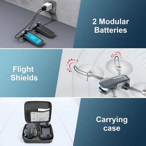 Grab And Go Foldable 2K HD Camera Drone With GPS Auto Return Brushless Motors FPV Live Video, modular batteries, and carrying case