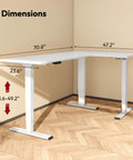 Rock Solid White L Shaped Electric Standing Desk Equipped With Triple Motor Height Adjustment dimensions of 70.8x47.2 inches with height range.