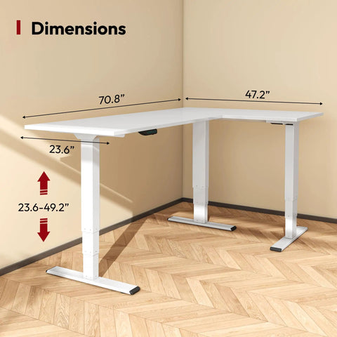 Rock Solid White L Shaped Electric Standing Desk Equipped With Triple Motor Height Adjustment dimensions of 70.8x47.2 inches with height range.
