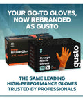 Heavy Duty 100 Count Orange Nitrile Gloves With Thick 8 Mil Industrial Build Featuring Rock Solid Grip And X Large Fit displayed in packaging.