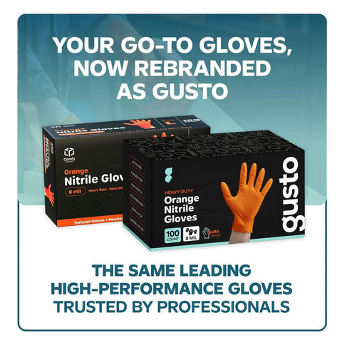 Heavy Duty 100 Count Orange Nitrile Gloves With Thick 8 Mil Industrial Build Featuring Rock Solid Grip And X Large Fit displayed in packaging.