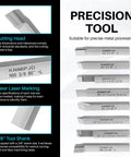 Eight Piece Lathe Tool Set With Three Eighths Inch Shank For Turning Boring Grooving And Threading Includes Eighty Degree Right And Left Sixty Degree Right And Left Tools A Boring Bar Internal And External Threading Tools And External Grooving Tool displayed with tool names and specifications.