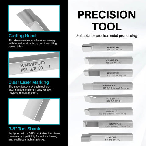 Eight Piece Lathe Tool Set With Three Eighths Inch Shank For Turning Boring Grooving And Threading Includes Eighty Degree Right And Left Sixty Degree Right And Left Tools A Boring Bar Internal And External Threading Tools And External Grooving Tool displayed with tool names and specifications.