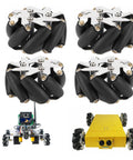 Four 48mm mecanum wheels with metal mounting plates and black rollers for robot car chassis