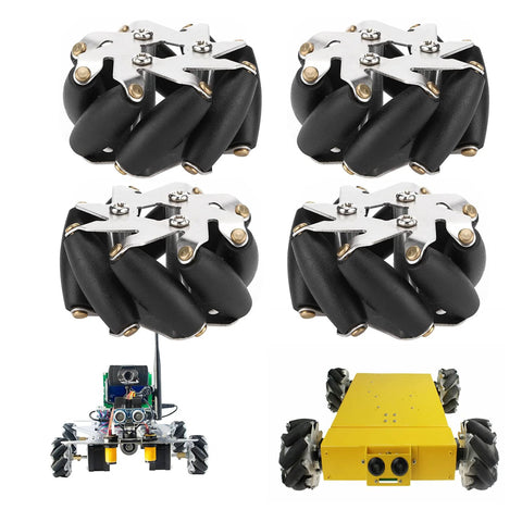 Four 48mm mecanum wheels with metal mounting plates and black rollers for robot car chassis