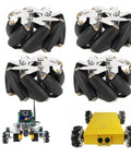 Omni Directional 48mm Steel Mecanum Wheels Set With TPR Rollers for Robot Car Left and Right Pair, four wheels shown with cars