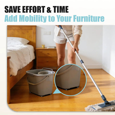 One Inch Self Adhesive Caster Wheels Four Pack Smooth Appliance Sliders under a cleaning bucket for easy furniture mobility.