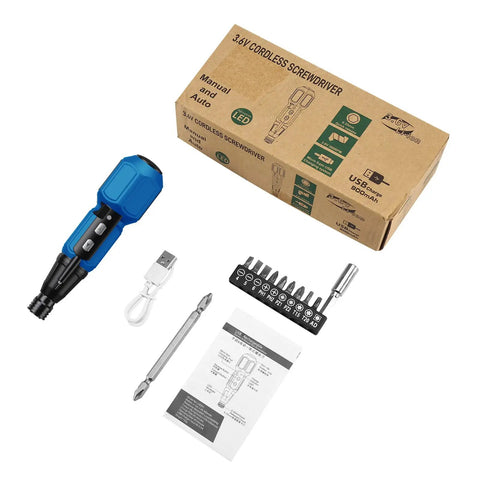 2 In 1 Cordless Electric Screwdriver With LED Light And USB Charging kit includes blue screwdriver, USB cable, bits, and manual.
