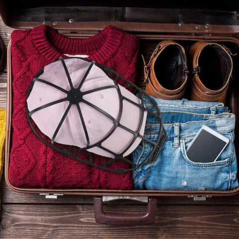 2 Pack Hat Washer Cage For Washing Machine And Dishwasher on pink hat in suitcase with clothes and shoes