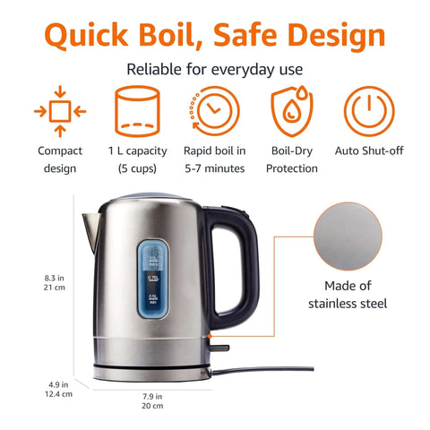 Fast Boil Electric Kettle For Tea And Coffee, Stainless Steel BPA Free, 1 Liter Capacity, 1500W Rapid Heat, features and design.