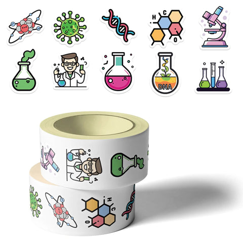 Science Sticker Roll For Kids 1000 Lab Labels In 2 Rolls 10 Chemistry Themed Designs with beakers and DNA graphics