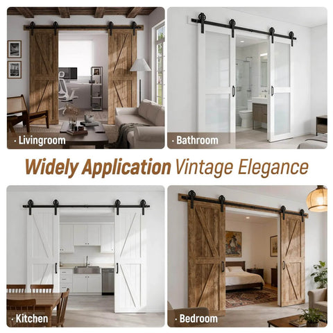 Heavy Duty Sliding Barn Door Hardware Kit 13ft Double Rail Track System Carbon Steel With Frosted Black Finish in various rooms