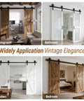 Sliding Barn Door Hardware Kit For Closet Cabinet Track System installed in living room, bathroom, kitchen, and bedroom settings.