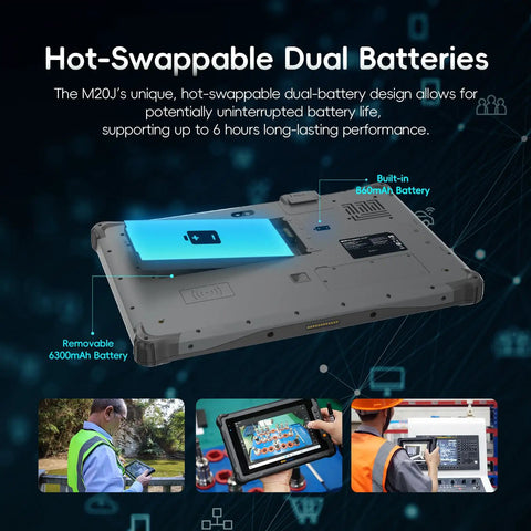 Heavy Duty Rugged Tablet With 12.2 Inch Screen Running Windows 11 Pro And Intel N5105 Power showing hot-swappable dual batteries.