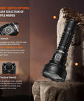 Rechargeable Tactical Flashlight With Buck Regulated Driver 1800LM SFT40 LED IP68 Waterproof showing side and tail switches