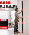 Man using 80-inch aluminum spirit level for wall leveling, part of 3Pcs level set, 40 60 80 Inch Aluminum Spirit Level, 45 90 180 Degree.