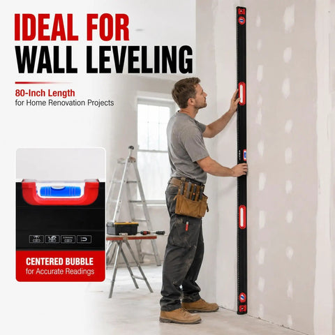 Man using 80-inch aluminum spirit level for wall leveling, part of 3Pcs level set, 40 60 80 Inch Aluminum Spirit Level, 45 90 180 Degree.