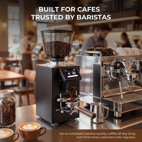 Pro Commercial Coffee Grinder With 64mm Flat Burr And Smart Touch Screen Weight Based Dosing For Espresso Brewing, displayed in a cafe setting.