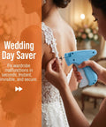 Handheld No Sew Clothing Repair Tool With Seven Color Fasteners, Quick One Click Hem And Strap Fixer For Emergency Wardrobe Snags in use on a wedding dress.