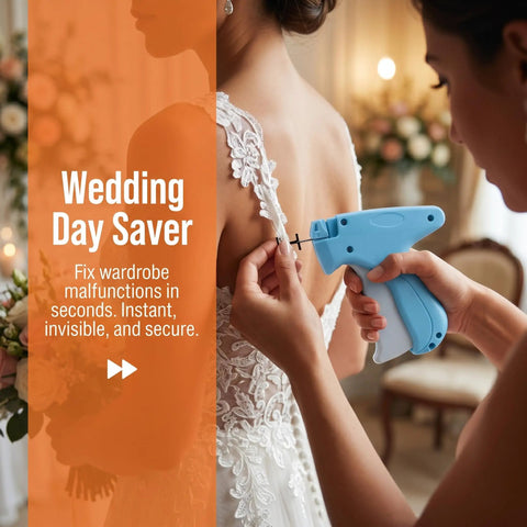Handheld No Sew Clothing Repair Tool With Seven Color Fasteners, Quick One Click Hem And Strap Fixer For Emergency Wardrobe Snags in use on a wedding dress.