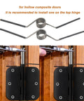 Self Opening Door Hinge With Spiral Z Shaped Spring For Five Eighths Inch Radius Hinges Fits Standard Removable Pin Butt Hinges Delivers Reverse Elastic Force To Automatically Reset The Door Two Pairs For Bathrooms And Closets On Sloped Floors Up To 25 Kg, showing installation on wooden door