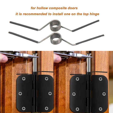 Self Opening Door Hinge With Spiral Z Shaped Spring For Five Eighths Inch Radius Hinges Fits Standard Removable Pin Butt Hinges Delivers Reverse Elastic Force To Automatically Reset The Door Two Pairs For Bathrooms And Closets On Sloped Floors Up To 25 Kg, showing installation on wooden door