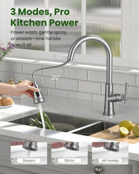 Pull Down Kitchen Faucet With Sprayer, Lead Free, High Arc, Single Handle, Brushed Nickel Finish, in modern kitchen setting