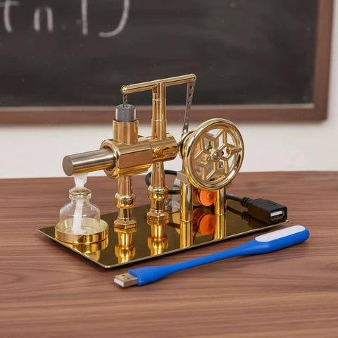 Visible Steam Engine Demonstrator Model With Metal Construction For Hands On Learning Toy Classroom And Home Projects That Really Shows How Thermal Engines Work For Student Experiments, gold tabletop view