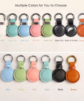 Variety of Straight Up Genuine Leather AirTag Keychain Holder colors including brown, black, blue, and green with metal loops.