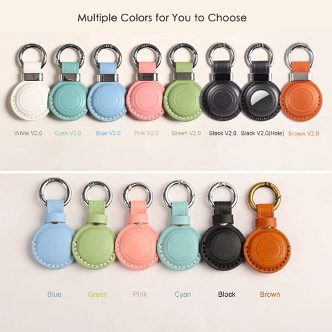 Variety of Straight Up Genuine Leather AirTag Keychain Holder colors including brown, black, blue, and green with metal loops.