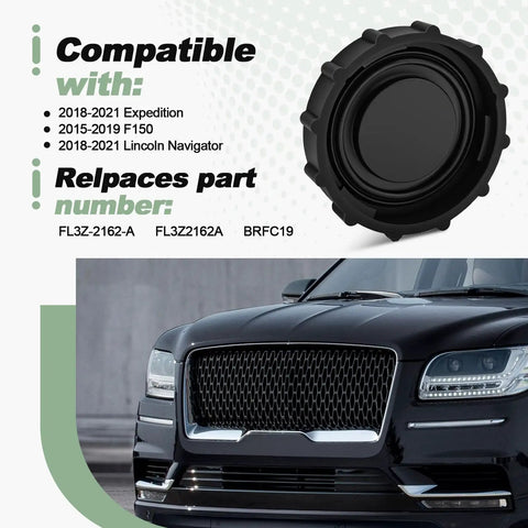 Brake Fluid Reservoir Cap For Ford Expedition 2018 2021 F150 2015 2019 And Lincoln Navigator 2018 2021 Replacement Cap shown with compatible vehicles information and replacement part numbers.