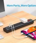 Surge Protector With Four AC Outlets And Four USB Ports 6 Foot Long Extension Cord 1250W Max Fast Chargers on desk setup