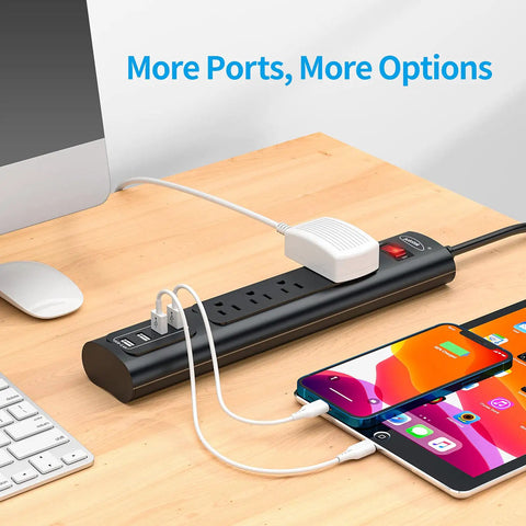 2 Pack Power Strip Surge Protector with 5 Widely Spaced AC Outlets and 4 USB Ports for Home Office, shown on a desk with devices